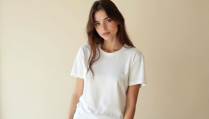 Fototapeta premium Young pretty woman poses in white t-shirt. Long brown hair, natural face. Lady models casual clothing in bright studio with clean beige background. Female adult shows simple style, comfy apparel.