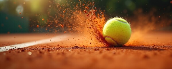 Tennis ball hits red clay court sending dirt particles flying. Dynamic action shot captures intense game motion on blurred background. Sport, competition, outdoor.