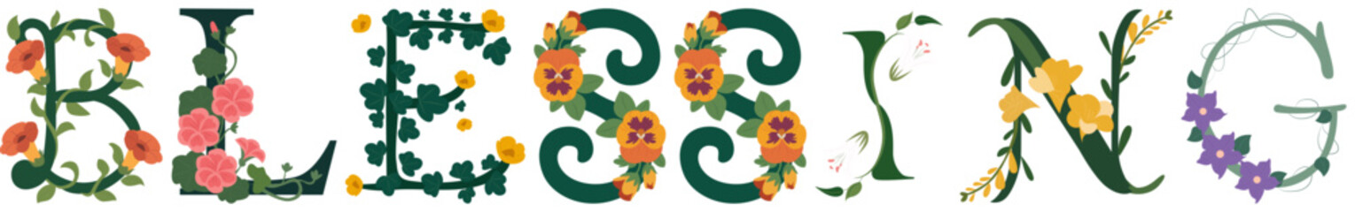 BLESSING, Floral Alphabet Typography Wall Art