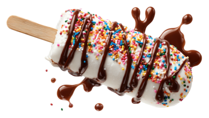 Frozen, banana-shaped treat on a stick, covered in white glaze, sprinkles, and chocolate drizzle