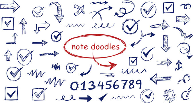 Collection of hand drawn doodles including arrows checkmarks numbers and scribbles on a white background