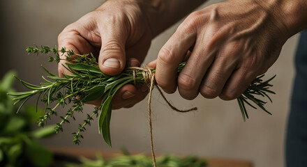 Close-Up of Human Hands Skillfully Binding Fresh Green Herbs Together with Twine to Create a Flavorful Culinary Bundle for Cooking