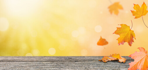 Autumn background with yellow and orange maple leaves falling over a rustic wooden table. Warm...