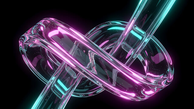 3D neon glass knot twirl with blue and pink glow isolated on black