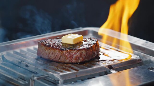 laming Steak on Grill with Melting Butter &mdash; Juicy Fillet Mignon Macro Shot |

Perfectly Seared Beef Steak with Fire and Butter &mdash; Gourmet Grill Close-Up |