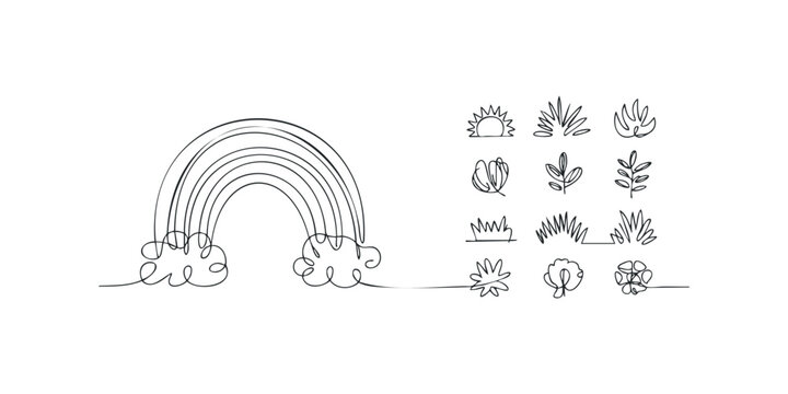 Minimalist Continuous Line Drawing Of Nature Elements