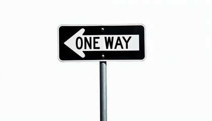 Black and white one way street sign with arrow pointing left on pole against plain white background. Symbolizes restriction, choice, or singular path forward.