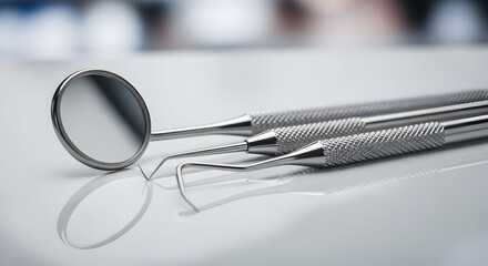 Closeup Of Dental Tools On White Surface Reflecting Light, High-Quality Instruments For Professional Dentistry And Oral Healthcare Procedures