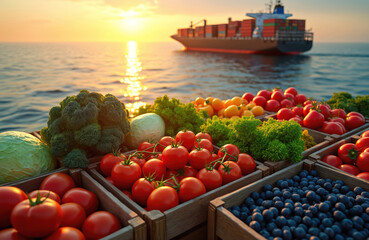 Fresh vibrant vegetables, fruits packed in wooden crates near ocean. Large cargo ship sails on water at golden sunset. Illustrates global food supply chain, international trade, agriculture, export,