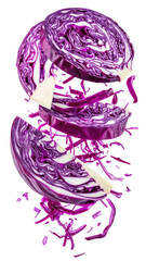 Fototapeta premium Sliced Purple Cabbage Halves Floating in Midair Against a Transparent Background
