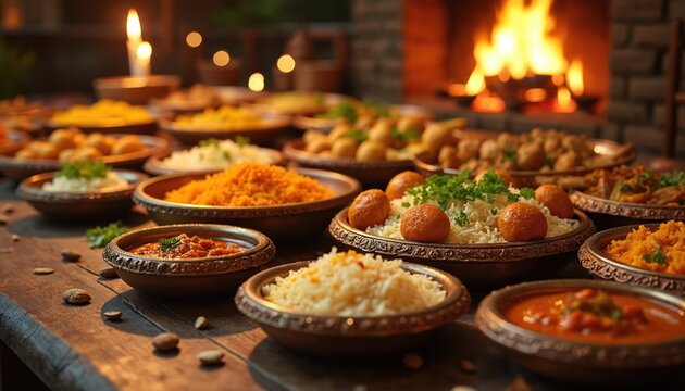 Festive Diwali dinner setting with traditional Indian dishes arranged on table. Rich culinary feast with spices, bowls and tasty meals. Fireplace glows in background. Traditional food and culture.