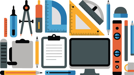 Flat Illustration of Drafting and Engineering Tools Including Rulers, Level, Compass and Computer Screen
