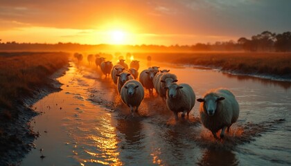 Flock of sheep walks in muddy water channel. Golden sunset light illuminates rural landscape with grazing animals. Warm orange sky reflects on wet ground and creates silhouette.