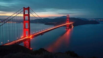 Obraz premium Golden Gate Bridge at night. Long exposure photo of suspension bridge over water with lights trails. Iconic landmark structure in San Francisco bay area at twilight. Lights reflect on calm water.