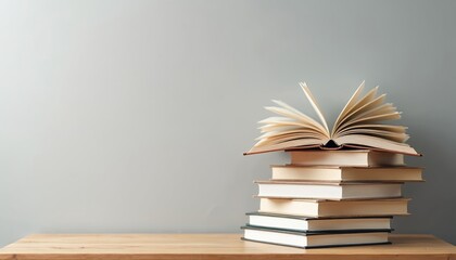 Stack of books lies on desk against grey wall. Open book lies at the top. Education concept about reading literacy intelligence and knowledge attainment at college or library desk.