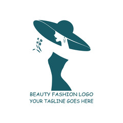 Elegant Woman Silhouette with Wide Hat and Flower – Teal Beauty Fashion Logo Design