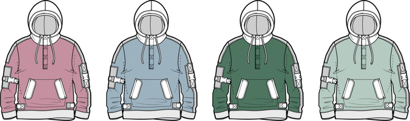 Collection of illustrated hooded sweatshirts in four different colors, showcasing fashion design