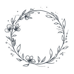 Hand drawn floral wreath circle frame with delicate flowers and leaves minimalist black line art decoration for invitations greeting cards and design elements