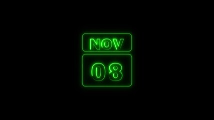 08 september icon animation with neon neon frame and text on black background. A calendar that says 8th november letter neon effects.