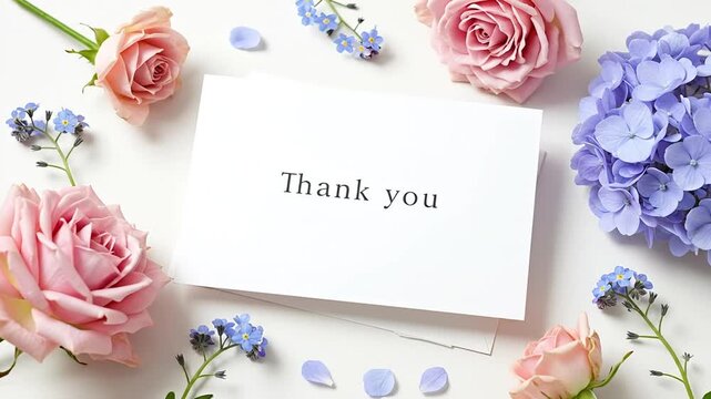 Floral arrangement with thank you note on white background