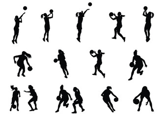 Silhouette set of basketball players in different poses. Female basketball player. Isolated background. Vector illustration.