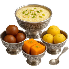 Traditional Indian dessert setup with silver bowls and colorful sweets on transparent background.
