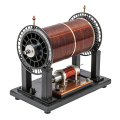 Antique induction coil with copper wire winding and brass fittings, isolated on transparent background