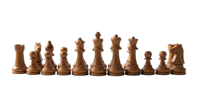 Aligned chess pieces, off-white, in neat formation on a black background - Powered by Adobe