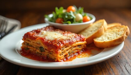 Juicy lasagna with rich meat sauce rests on white plate next to fresh green salad and toasted garlic bread slices. Delicious Italian comfort food.