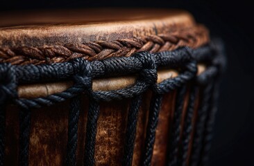 Close-up shot of a traditional drum head showing the skin and intricate braided rope detailing