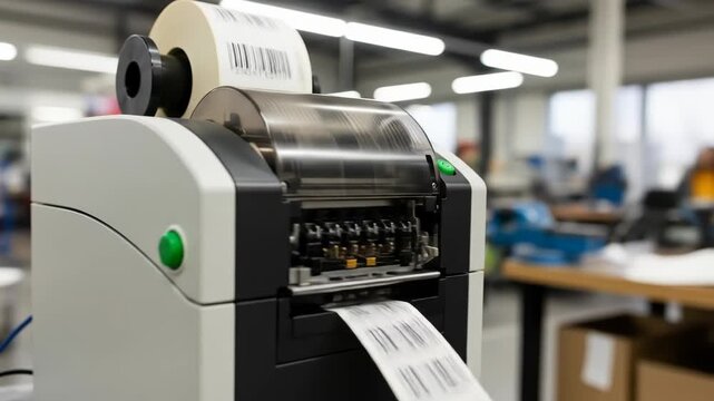 A barcode printer dispenses a printed label in a bright, busy office