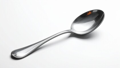 &ldquo;Single stainless steel spoon with smooth reflective surface and curved handle on plain white background&rdquo;