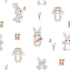 Bunny with crown and carrot seamless pattern. Hand-drawn cartoon style.