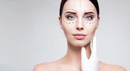 Beauty in Progress: A close-up portrait of a woman's face, meticulously marked with lines, symbolizing the anticipation and commitment to aesthetic enhancement in a cosmetic setting. Generative Ai