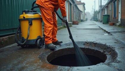Worker in orange suit cleans sewer opening with industrial vacuum cleaner. Maintenance worker operates vac machine on street. Urban sanitation service worker performs drain upkeep.