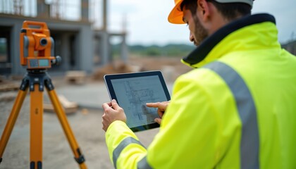 Man in safety jacket reviews construction plan on tablet at building site. Examines blueprint on digital device. Construction equipment, building materials around. Worker wears safety gear, including
