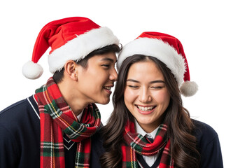 Two People in Santa Hats Sharing a Whisper and Smile in Festive Scarves on White Background