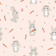 Bunny with crown and carrot seamless pattern. Hand-drawn cartoon style on peach background
