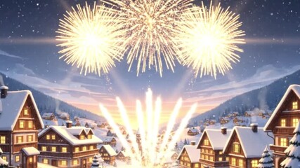 Snowy village with glowing light beams shooting up into the night sky - Powered by Adobe