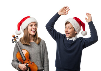 Two People in Santa Hats Celebrating with Violin and Joyful Gestures on White Background