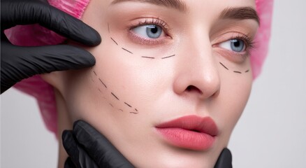Lines on beauty: A close-up shot of a face reveals precise lines drawn on the skin, signifying preparation for a transformative beauty procedure. Generative Ai