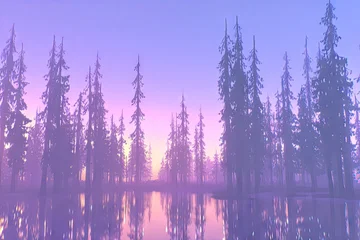 Sierkussen Mistig bos Purple hazy forest reflected in water at dawn  © ajazz