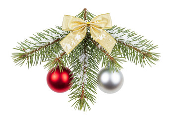Christmas Pine Branch with Red and Silver Ornaments and Golden Bow on White Background