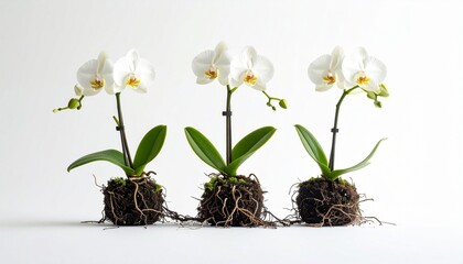 &ldquo;Three white orchid plants with exposed roots in soil clumps, each with green leaves and single white flower with yellow center, arranged side by side on white background&rdquo;