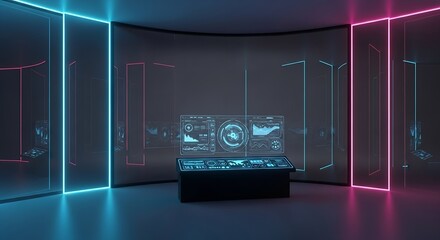 Step into the future with this stunning virtual reality data center interface, perfect for modern tech, innovation, and futuristic concepts in vibrant neon lighting