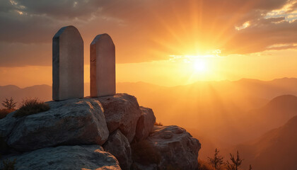 Two stone tablets sit atop rocky mountain at sunrise. Sun flares brightly over mountain range. Concept for faith law and ancient religious beliefs. Tablets symbolize divine commandment for tradition.