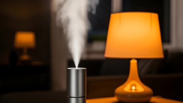 Modern aromatherapy diffuser releasing mist in a cozy living room with warm lamp light creating ambiance