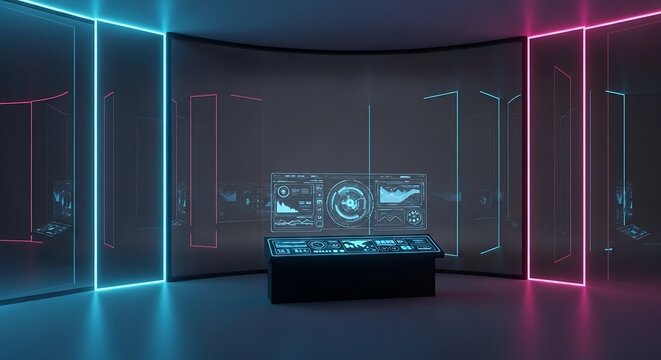 Step into the future with this stunning virtual reality data center interface, perfect for modern tech, innovation, and futuristic concepts in vibrant neon lighting