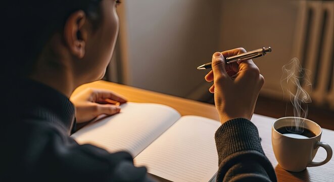 Quiet moment of reflection as a person writes in a blank journal with a pen, a steaming cup of hot kopi nearby on a wooden desk
