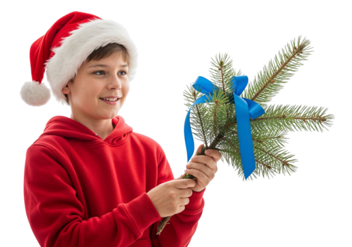 Child in Santa Hat and Red Hoodie Holding Pine Branches with Blue Ribbon on White Background - Powered by Adobe